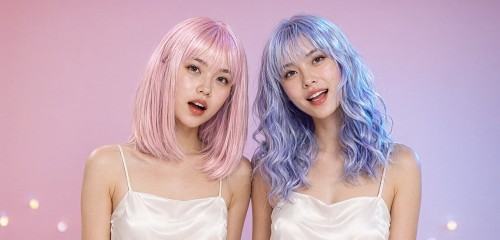 Party colored wigs in pastel pink and pastel blue