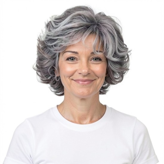 Silver Grey Mixed Short Curly Wig for Middle-Aged and Elderly Women | Voluminous Style