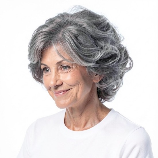 Silver Grey Mixed Short Curly Wig for Middle-Aged and Elderly Women | Voluminous Style