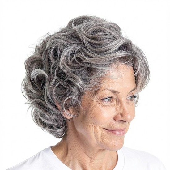 Silver Grey Mixed Short Curly Wig for Middle-Aged and Elderly Women | Voluminous Style