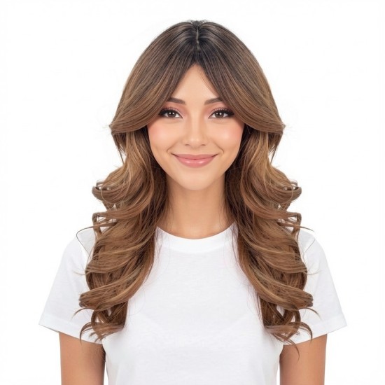 Gradient Brown | Bangs | Natural Curly Medium Length Full Wig