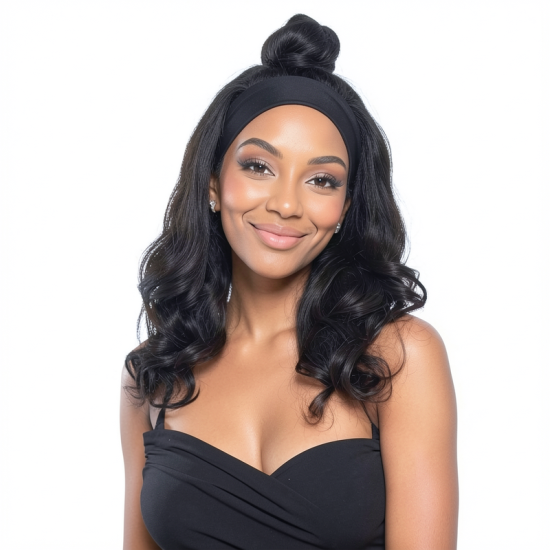 Women's Black Long Curly Ice Silk Headband | Minimalist Elegant Yaki Wig Cap
