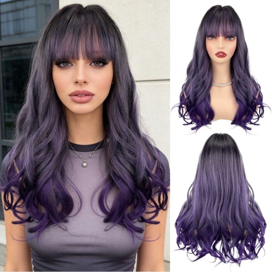 Purple Highlights Straight Bangs Long Wavy Hair | Chemical Fiber Full Head Wig
