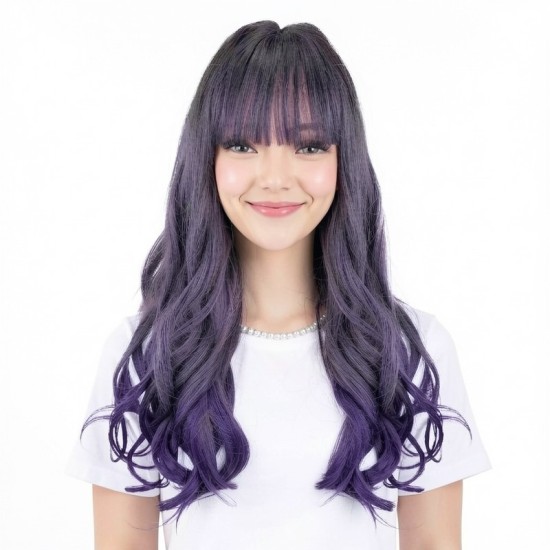 Purple Highlights Straight Bangs Long Wavy Hair | Chemical Fiber Full Head Wig