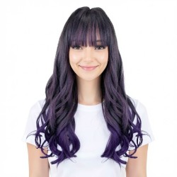 Purple Highlights Straight Bangs Long Wavy Hair | Chemical Fiber Full Head Wig