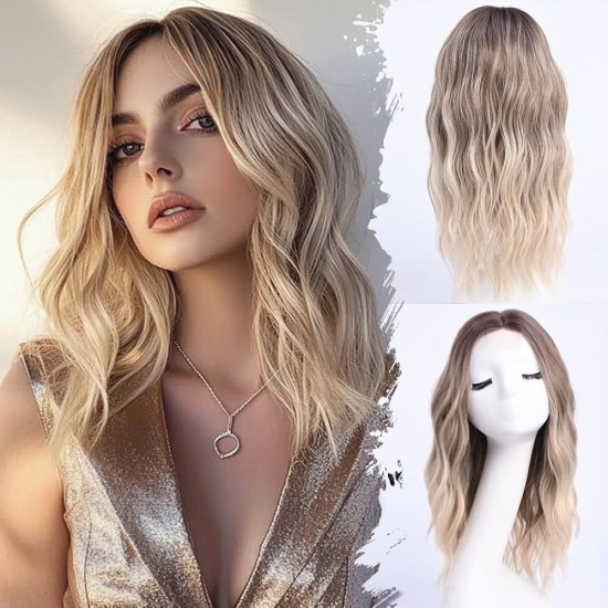 Full Wig Synthetic Long Curly Hair with Gradient Golden Color, Natural Middle Part Bangs for Women