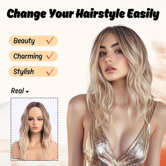 Full Wig Synthetic Long Curly Hair with Gradient Golden Color, Natural Middle Part Bangs for Women