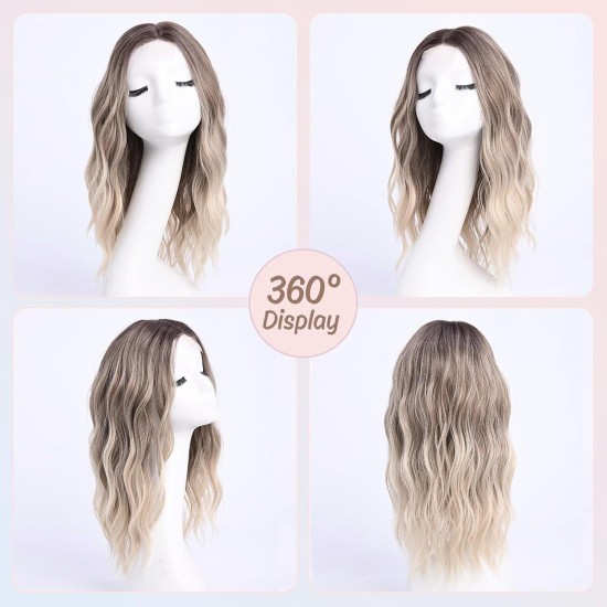 Full Wig Synthetic Long Curly Hair with Gradient Golden Color, Natural Middle Part Bangs for Women