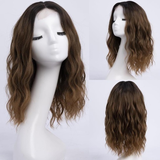Full Wig Synthetic Long Curly Hair with Gradient Golden Color, Natural Middle Part Bangs for Women