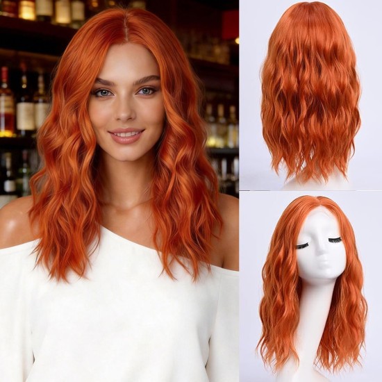 Full Wig Synthetic Long Curly Hair with Gradient Golden Color, Natural Middle Part Bangs for Women