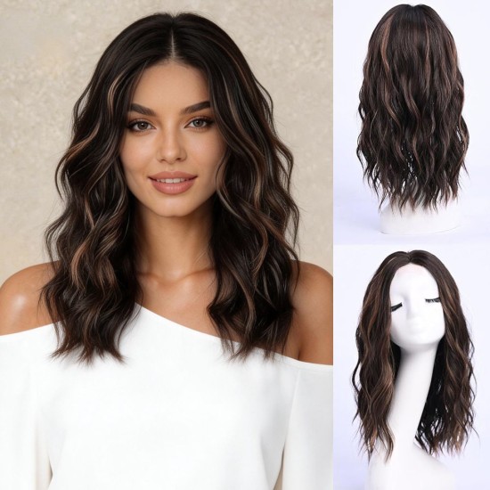 Full Wig Synthetic Long Curly Hair with Gradient Golden Color, Natural Middle Part Bangs for Women