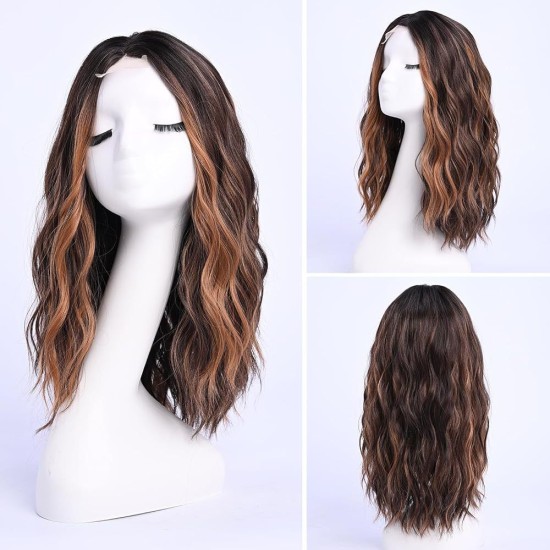 Full Wig Synthetic Long Curly Hair with Gradient Golden Color, Natural Middle Part Bangs for Women
