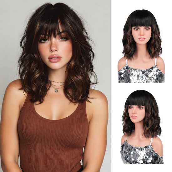 Women's Fully Hand-Knitted Short Wig, Natural Realistic, Heat & Color Resistant, Water Ripple Small Curls with Straight Bangs, Lightweight Comfortable, Breathable Mesh Cap for Daily Wear