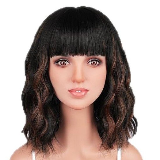 Women's Fully Hand-Knitted Short Wig, Natural Realistic, Heat & Color Resistant, Water Ripple Small Curls with Straight Bangs, Lightweight Comfortable, Breathable Mesh Cap for Daily Wear
