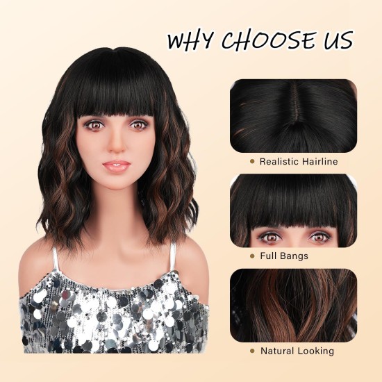 Women's Fully Hand-Knitted Short Wig, Natural Realistic, Heat & Color Resistant, Water Ripple Small Curls with Straight Bangs, Lightweight Comfortable, Breathable Mesh Cap for Daily Wear