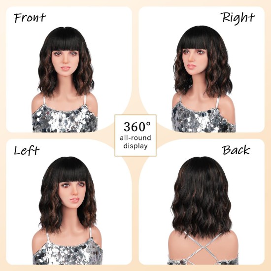 Women's Fully Hand-Knitted Short Wig, Natural Realistic, Heat & Color Resistant, Water Ripple Small Curls with Straight Bangs, Lightweight Comfortable, Breathable Mesh Cap for Daily Wear