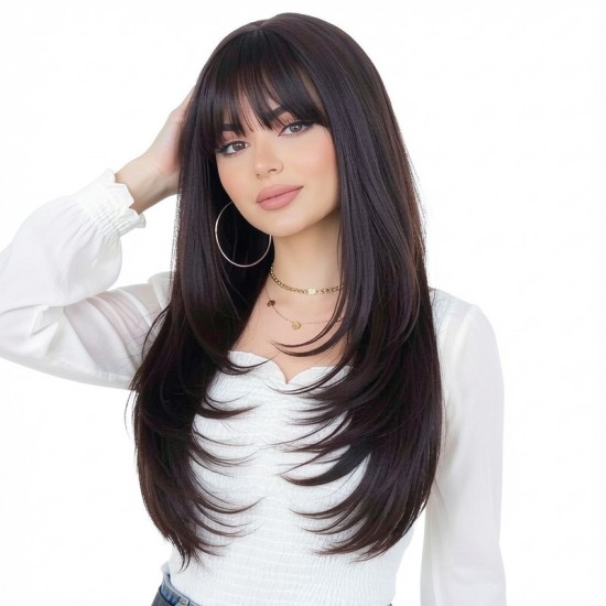 Women's Layered Long Straight Hair | High-Temperature Resistant Synthetic Wig Cap