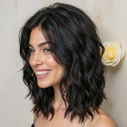 New Women's Short Curly Water Wave Lace Front Wig - Black