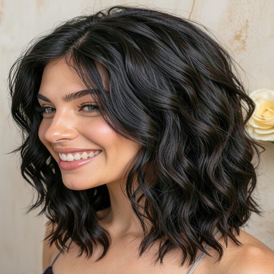 New Women's Short Curly Water Wave Lace Front Wig - Black
