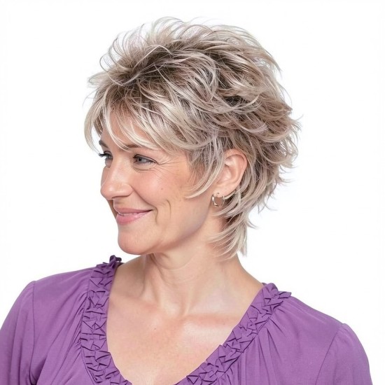 Ombre White Hair Wig Cap for Elderly Women | Short Curly Style
