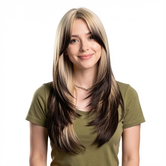 Long Layered Bangs Full Wig with C-shaped Sidebangs for Women