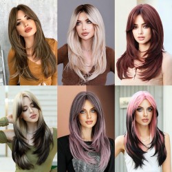 Women's Graduated Long Straight Wig with Blunt Bangs, Full Headpiece with High-Quality Natural Layering