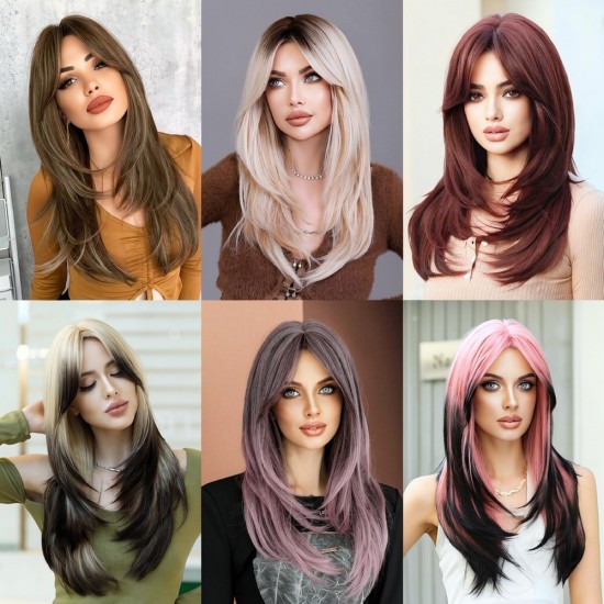 Women's Graduated Long Straight Wig with Blunt Bangs, Full Headpiece with High-Quality Natural Layering