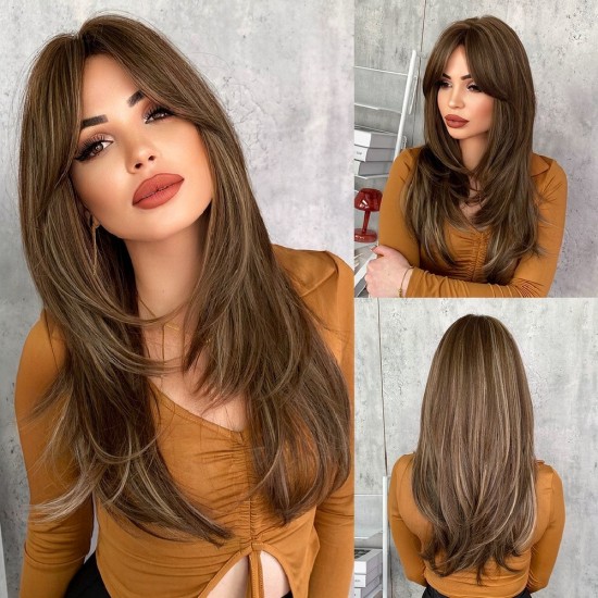 Women's Graduated Long Straight Wig with Blunt Bangs, Full Headpiece with High-Quality Natural Layering
