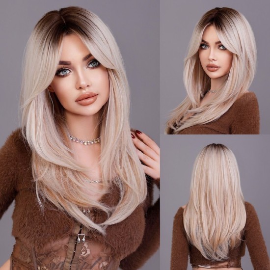 Women's Graduated Long Straight Wig with Blunt Bangs, Full Headpiece with High-Quality Natural Layering