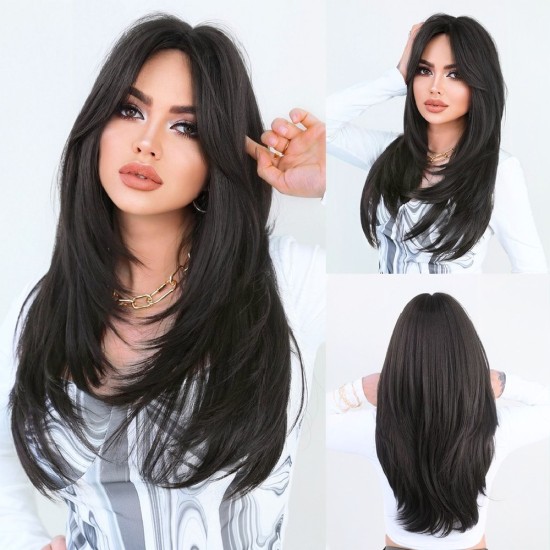 Women's Graduated Long Straight Wig with Blunt Bangs, Full Headpiece with High-Quality Natural Layering