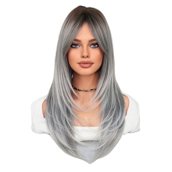 Women's Graduated Long Straight Wig with Blunt Bangs, Full Headpiece with High-Quality Natural Layering