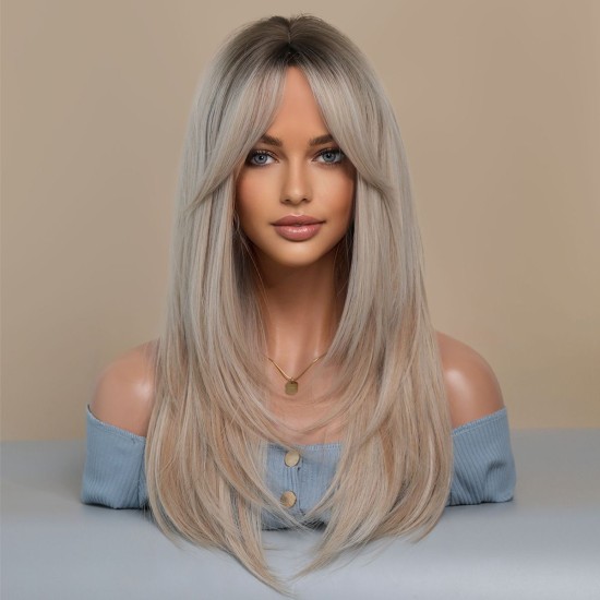 Women's Graduated Long Straight Wig with Blunt Bangs, Full Headpiece with High-Quality Natural Layering