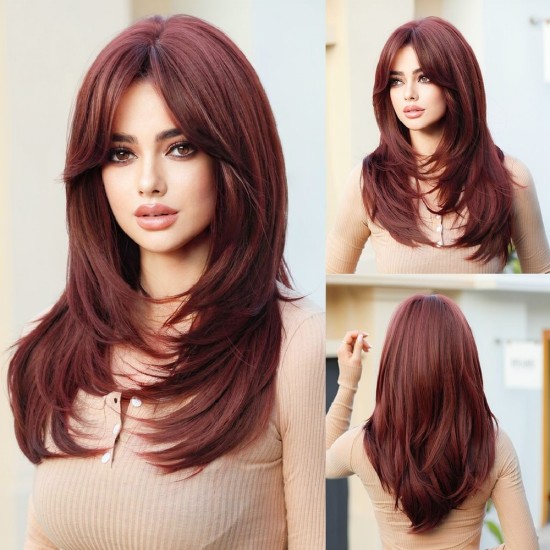 Women's Graduated Long Straight Wig with Blunt Bangs, Full Headpiece with High-Quality Natural Layering