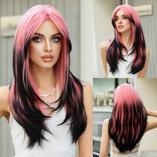 Women's Graduated Long Straight Wig with Blunt Bangs, Full Headpiece with High-Quality Natural Layering
