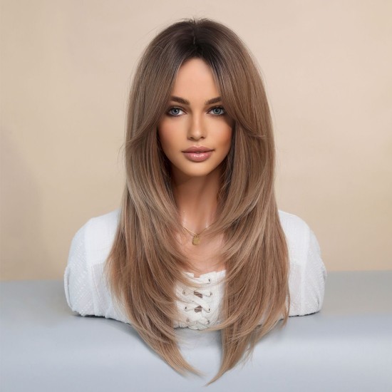 Women's Graduated Long Straight Wig with Blunt Bangs, Full Headpiece with High-Quality Natural Layering