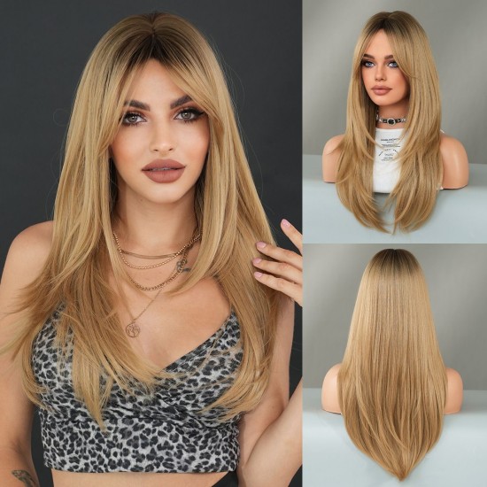 Women's Graduated Long Straight Wig with Blunt Bangs, Full Headpiece with High-Quality Natural Layering