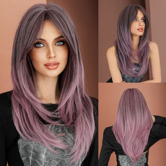 Women's Graduated Long Straight Wig with Blunt Bangs, Full Headpiece with High-Quality Natural Layering