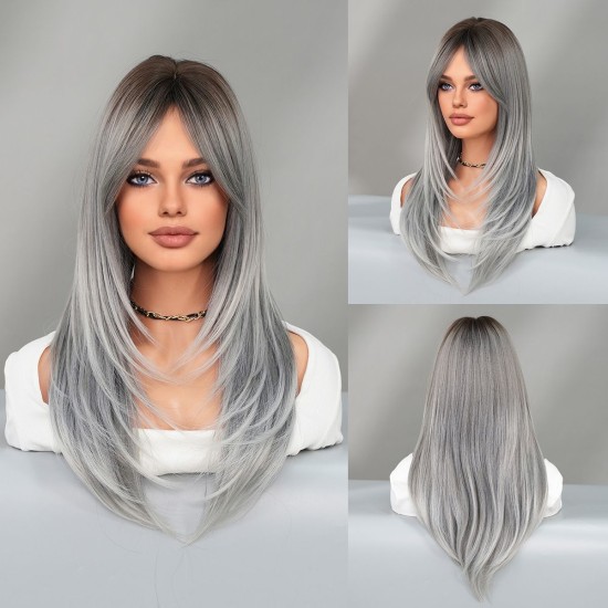 Women's Graduated Long Straight Wig with Blunt Bangs, Full Headpiece with High-Quality Natural Layering