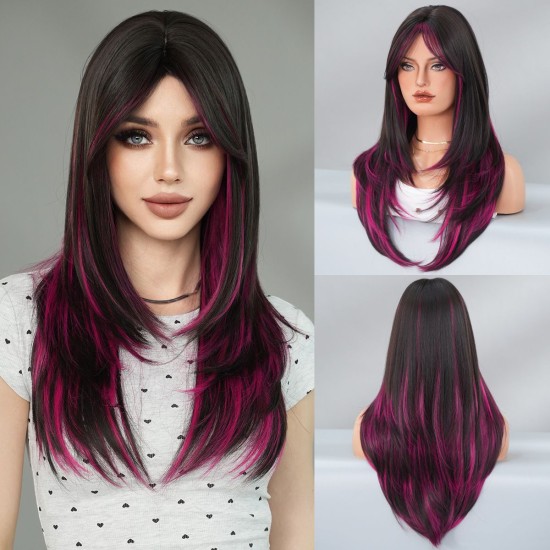 Women's Graduated Long Straight Wig with Blunt Bangs, Full Headpiece with High-Quality Natural Layering