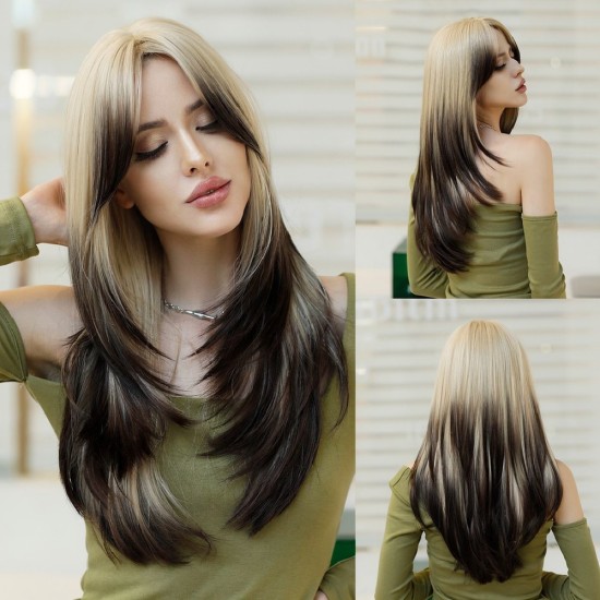 Women's Graduated Long Straight Wig with Blunt Bangs, Full Headpiece with High-Quality Natural Layering