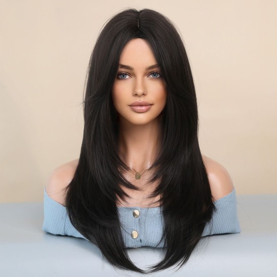 Women's Graduated Long Straight Wig with Blunt Bangs, Full Headpiece with High-Quality Natural Layering