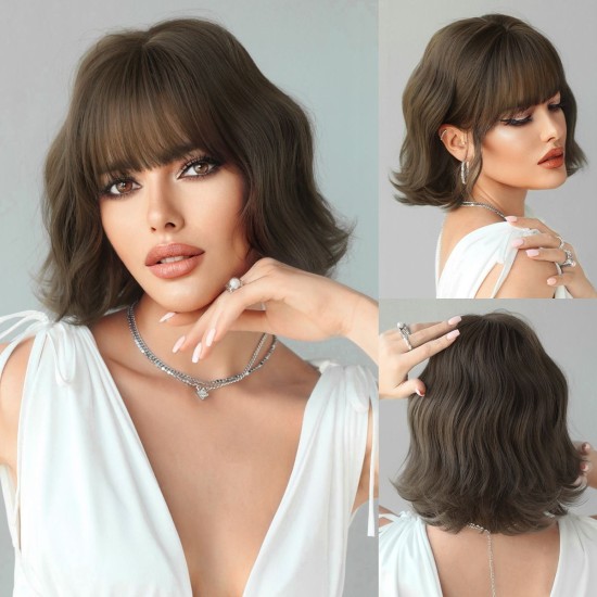 High-Quality 10-Inch Bob Brown Short Wavy Water Wave Wig with Full Fringe