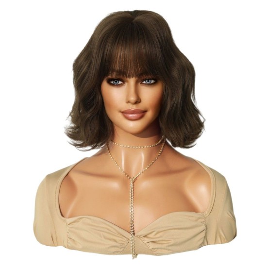 High-Quality 10-Inch Bob Brown Short Wavy Water Wave Wig with Full Fringe