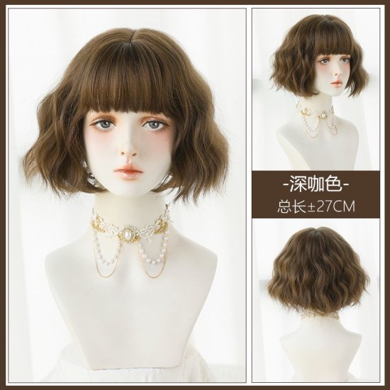 High-Quality 10-Inch Bob Brown Short Wavy Water Wave Wig with Full Fringe