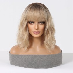 Short Wavy Wig with Bangs | Synthetic Fiber Straight Hair Cap