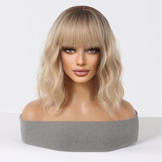 Short Bob Wigs with Bangs and Loose Waves – Realistic Heat-Damage Resistant, Breathable Lace Base
