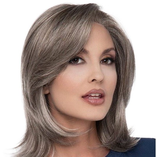 Short Straight Synthetic Wig with Long Bangs, Gray-Brown Color, Heat-Resistant Fiber