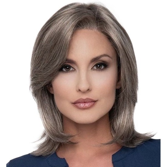 Short Straight Synthetic Wig with Long Bangs, Gray-Brown Color, Heat-Resistant Fiber