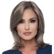 Short Straight Synthetic Wig with Long Bangs, Gray-Brown Color, Heat-Resistant Fiber