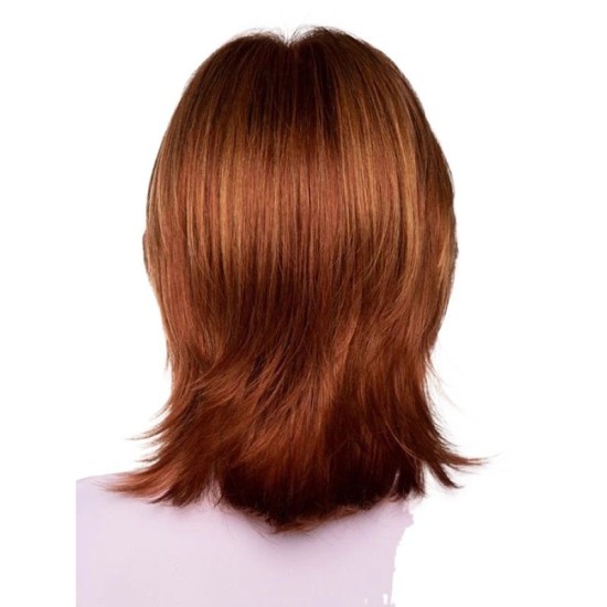 Short Straight Synthetic Wig with Long Bangs, Gray-Brown Color, Heat-Resistant Fiber